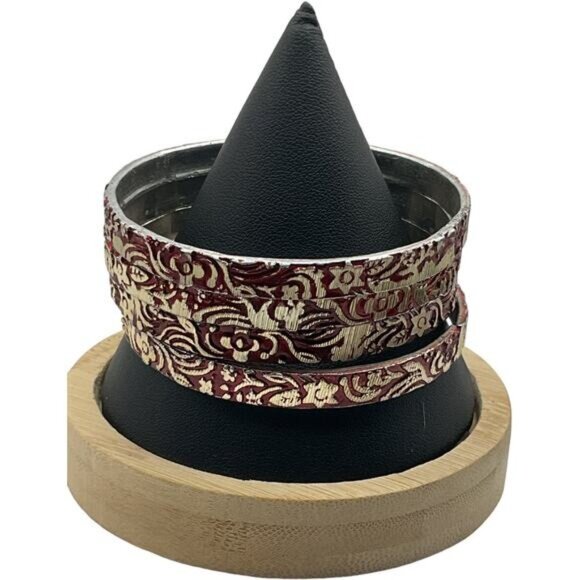 Set Of 4 Vintage Style Silver & Red Floral Pattern Bangles Bracelets - Picture 4 of 9